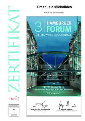 Zertifikat 2.Hamburger Foum für innovative Implantologie für Emanuela Michalides