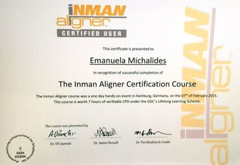 Zertifikat KFO INMAN-Aligner 2014 für Emanuela Michalides