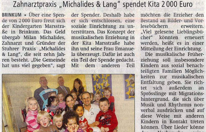 Kreiszeitung Syke 16.02.2013 - Zahnarztpraxis Michalides & Lang spendet Kiga 2000 € | Foto: 